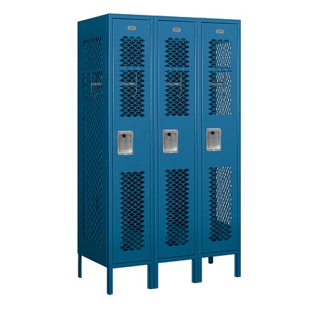 Salsbury Industries 1 Tier Vented Locker, 36"Wx66"Hx18"D, 3 Door, Blue, Assembled 71358BL-A